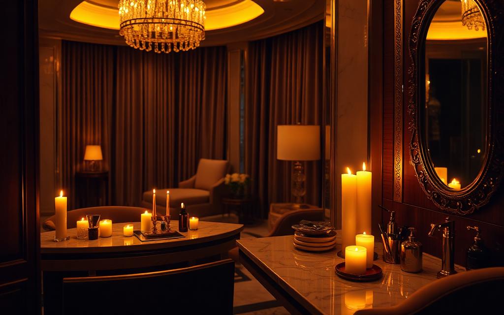 Candlelit luxury hotel suite prepared for a VIP Beauty Services royal treatment
