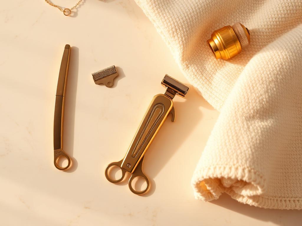 Gold barber clippers, razor and hot towel on cream marble