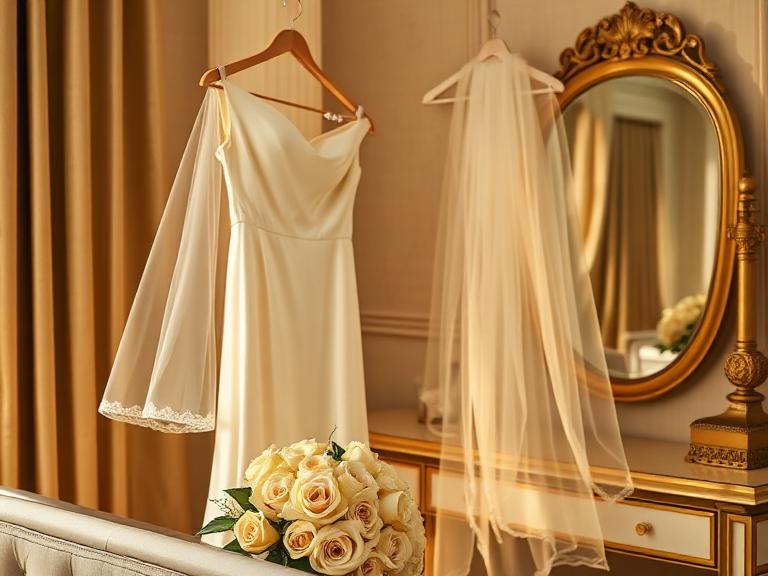 Ivory bridal gown and veil in a gold-accented dressing room