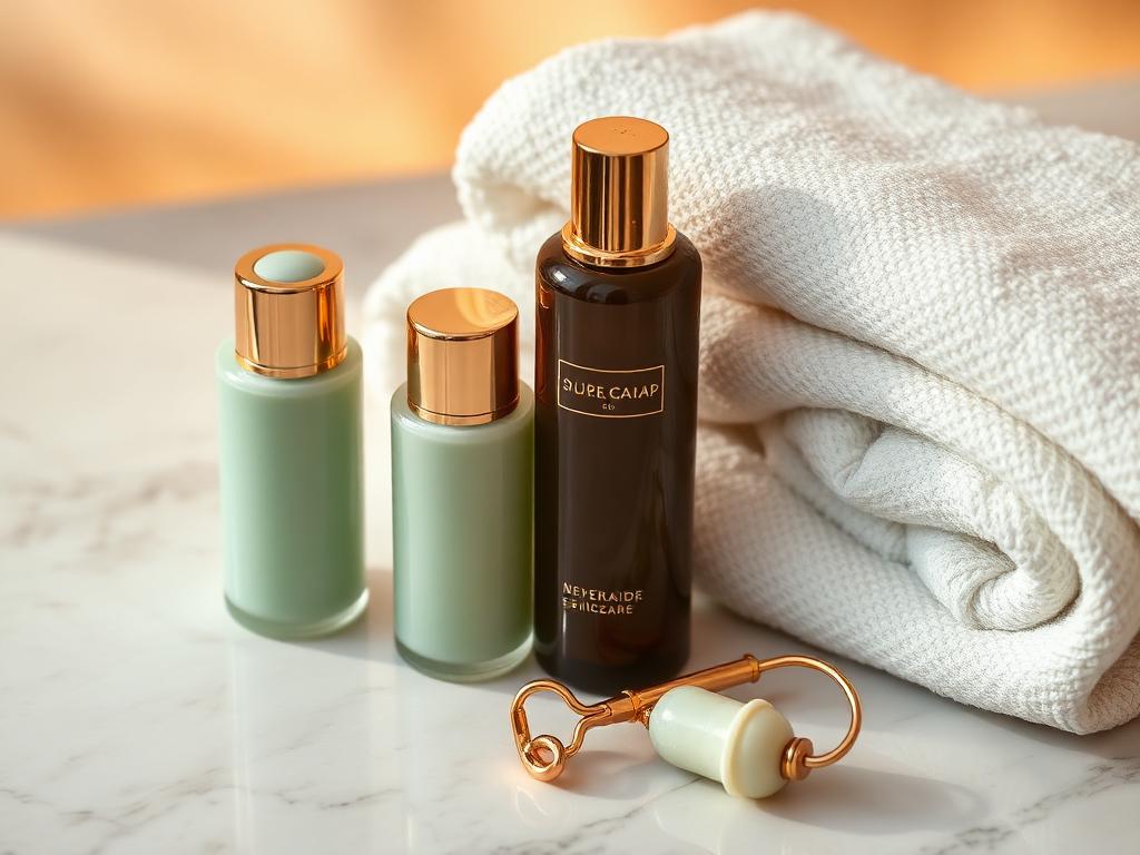 Luxury skincare bottles and jade roller on marble