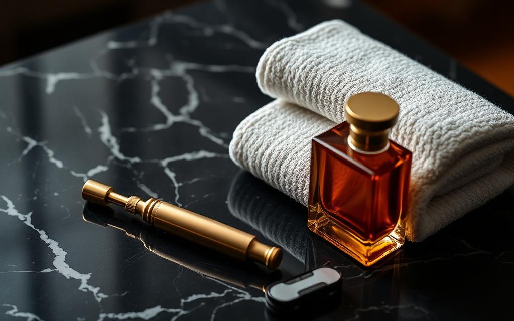 Executive men's grooming tools and hot towel arranged on dark marble