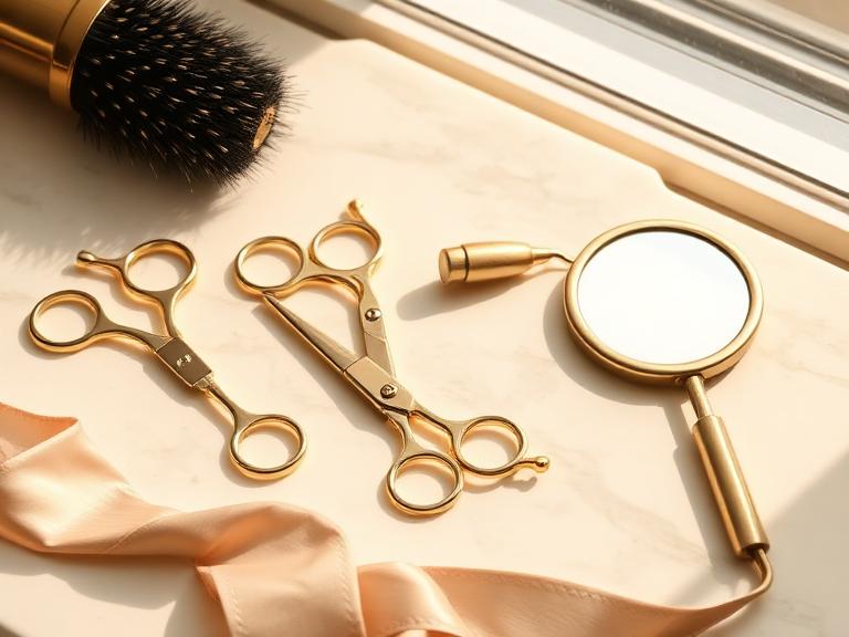 Gold styling scissors and brush on cream marble for VIP home hair services
