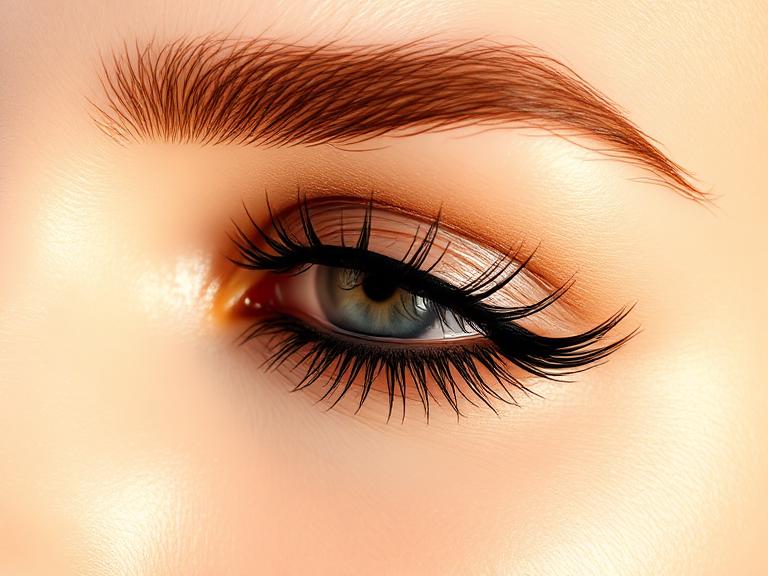 Close-up of a volume eyelash extension set with groomed brow