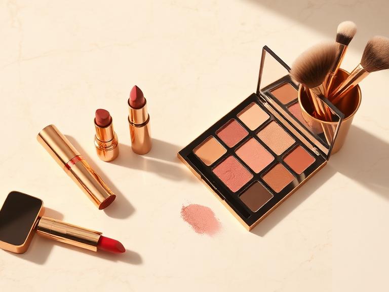 Luxury makeup flat lay with gold lipsticks and brushes