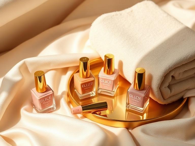 Nude nail polish bottles with gold caps on cream silk